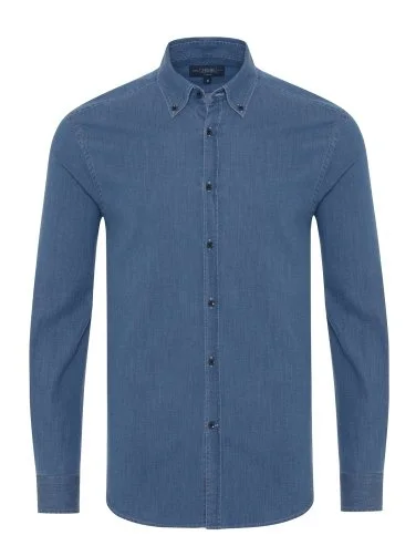 376x502 germirli mavi dugmeli yaka tailor fit denim erkek gomlek indigo denim gomlek germirli 14422 56 B - Germirli